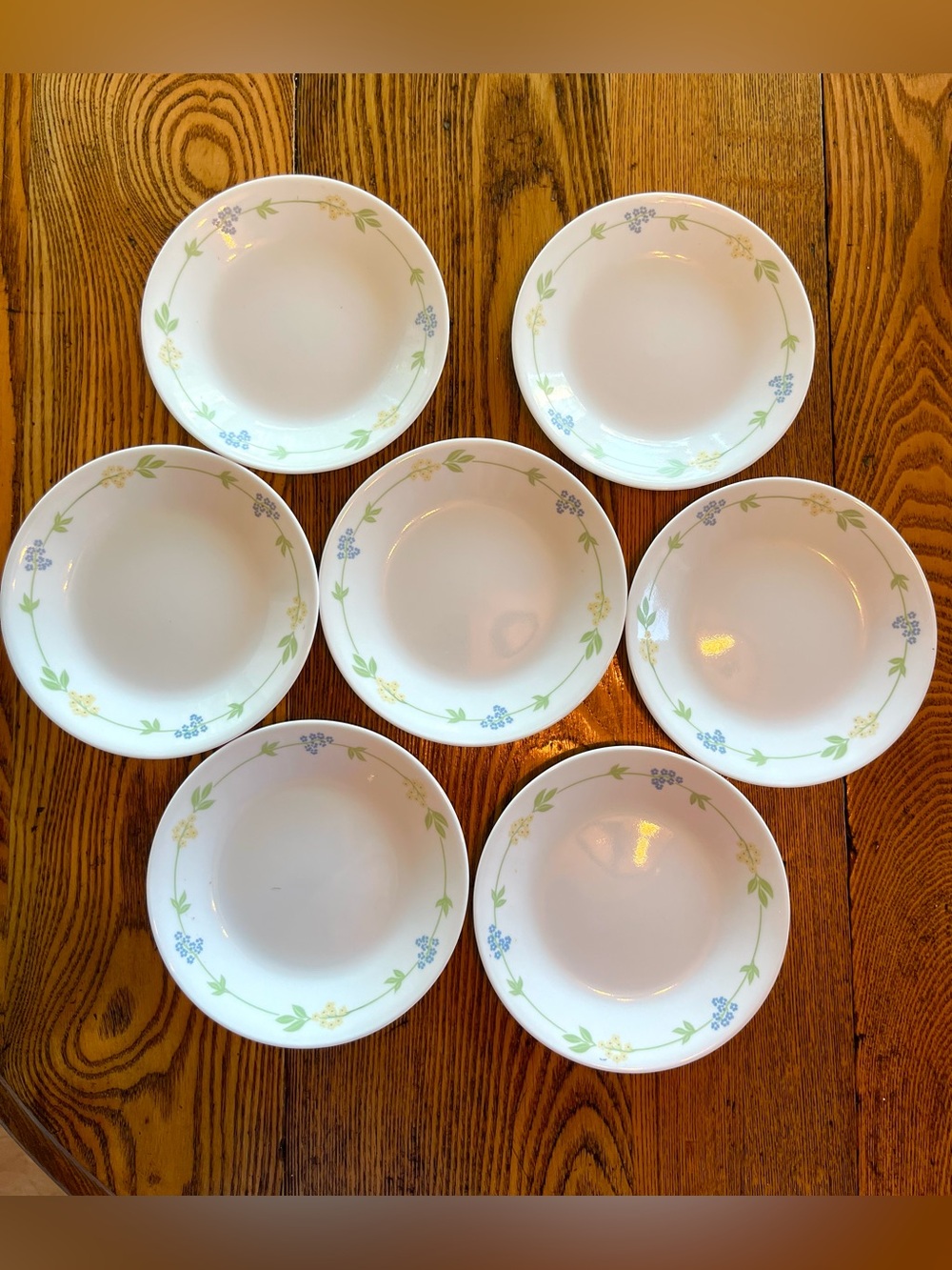 Corelle SECRET GARDEN Set of 7 Dessert/Bread Plates Blue/Yellow Flowers 7” Exc
